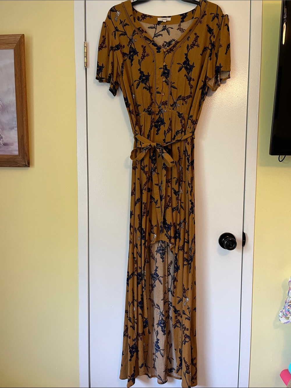 Mustard Floral Maxi Dress with Tie Waist
